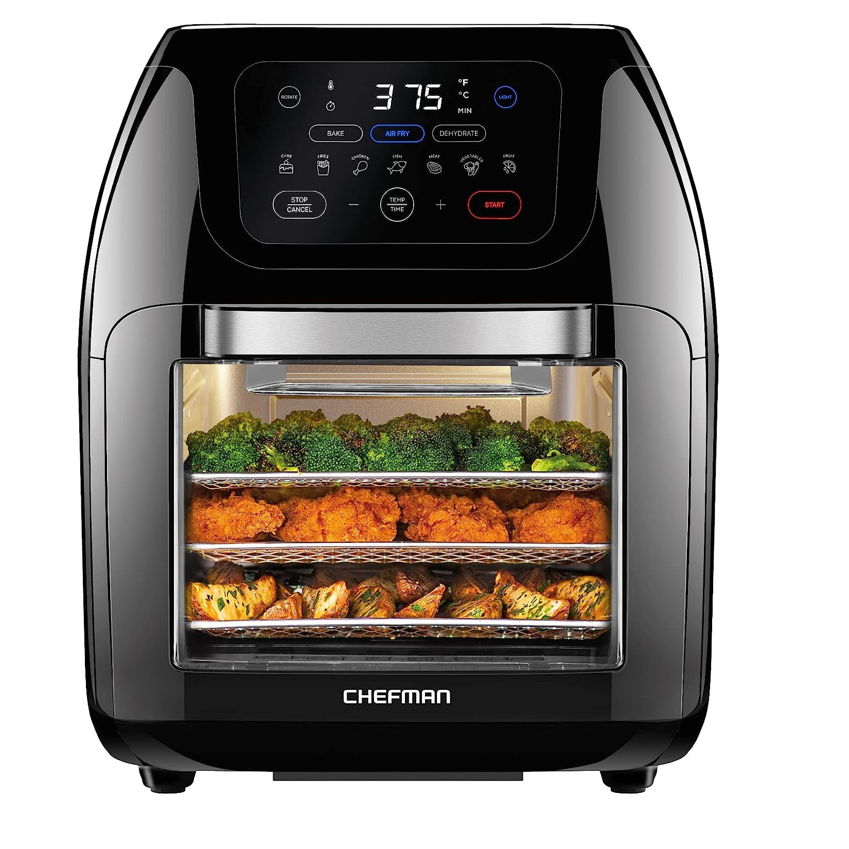 Chefman Multifunctional Digital Air Fryer Rotisserie Dehydrator Convection Oven 17 Touch Screen Presets Fry Roast Dehydrate Bake Auto Shutoff Accessories Included Xl 10l Family Size Black open Box new...